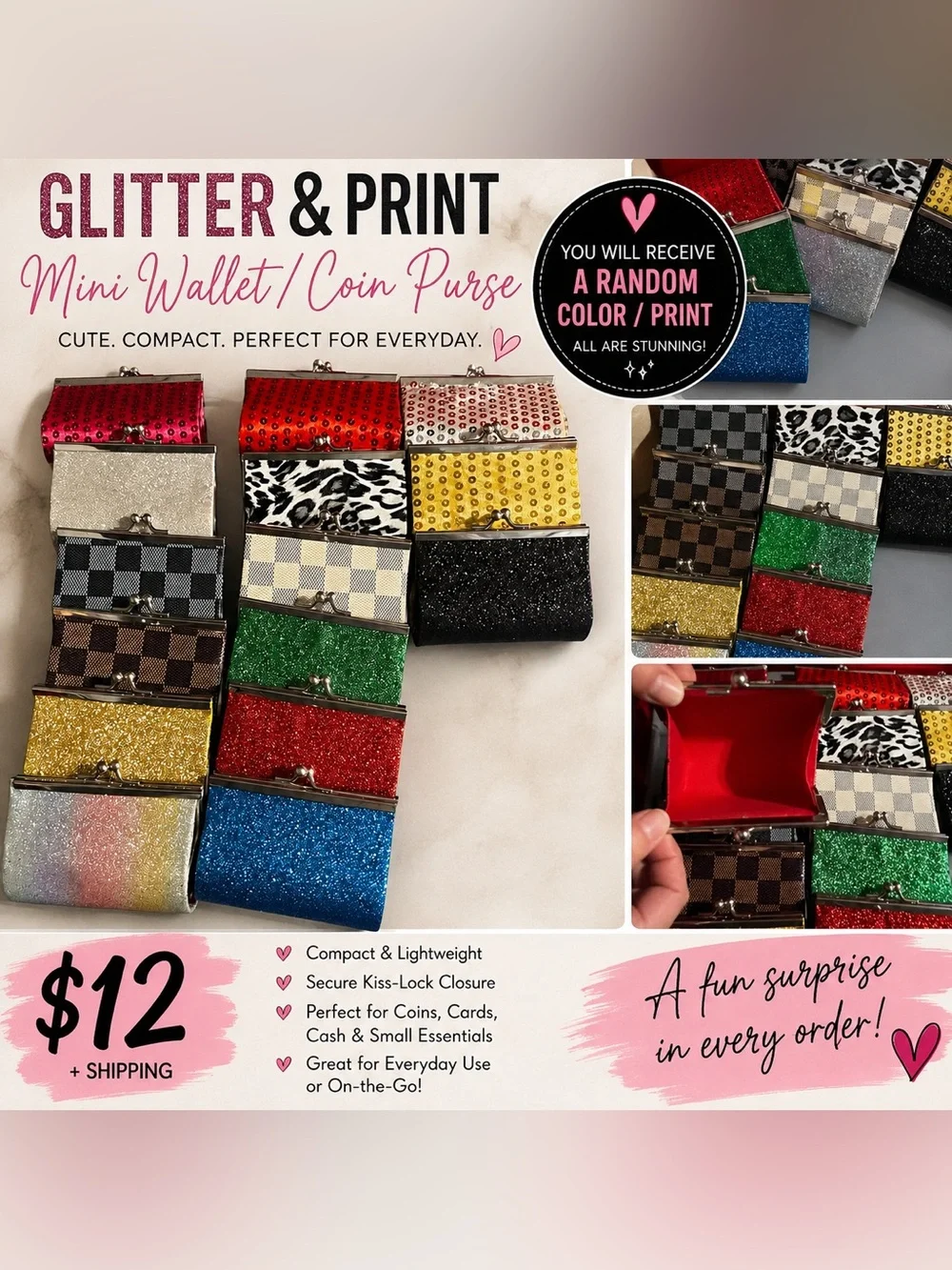 ✨ Surprise Mini Glitter Kiss Lock Coin Purse/Wallet | Random Color & Print✨